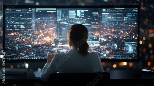 Female Analyst Working Late at Night with Multiple Computer Monitors Displaying City Data and Graphs in a Modern Office