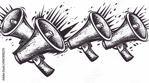 Four monochrome bullhorns with graphic bursts and specks on a white background