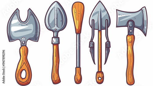 Whimsical vector illustration of a set of gardening tools with wooden handles on white