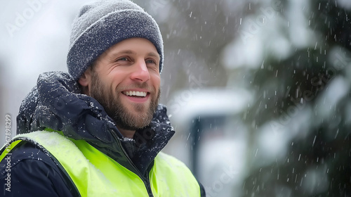 Cheerful man in winter clothing smiles during snowfall in urban setting, wearing safety vest and beanie, showcasing winter joy