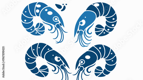 Blue stylized shrimp in a pattern of four on a white background
