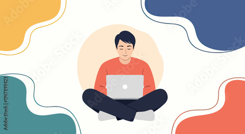 Young Freelancer Sitting Cross-Legged Working on Laptop, Man Studying or Working Remotely, Flat Vector Illustration with Abstract Background Shapes