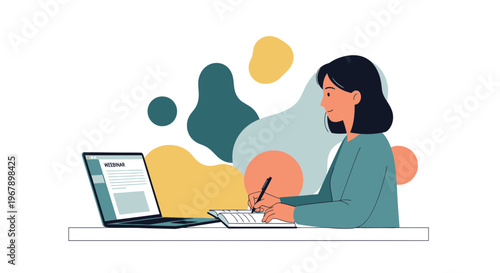 Young woman watching online webinar on laptop and taking notes in notebook, e-learning and remote work concept vector illustration