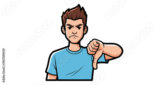 Angry Young Man Showing Thumbs Down Sign Vector Illustration of Disapproval and Negative Feedback