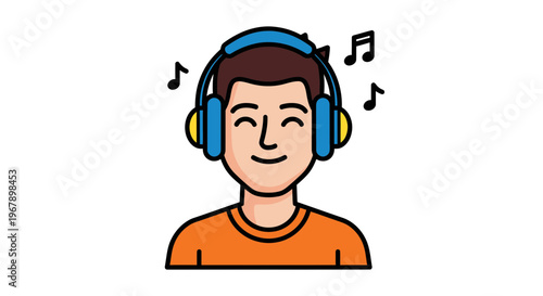 Happy Young Man Listening to Music with Headphones, Musical Notes and Cheerful Expression Vector Illustration