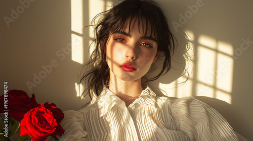 Portrait of a Young Woman with Roses under Soft Natural Light and Shadow Play on a Wall