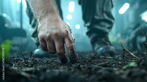 Person Digging in Soil with Hand in Dimly Lit Environment, Exploring Nature and Soil Composition, Close-Up Focus on Ground
