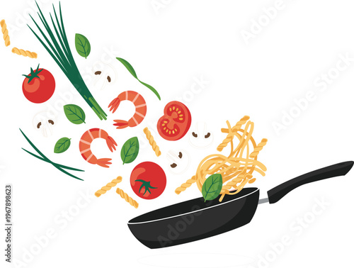 Cooking pasta with fresh ingredients in flying pan vector illustration, shrimp, tomato, mushroom, basil concept
