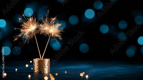 Wonderful Sparkler Display in a Golden Pot Against a Beautiful Bokeh Background with Blue and Yellow Lights