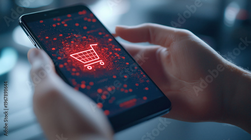 Hands Holding Smartphone Displaying Red Shopping Cart Icon on Dark Background with Digital Elements and Light Effects