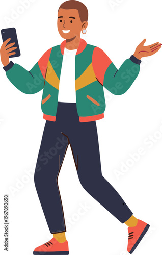 A man wearing a colorful jacket talks on his phone while walking.