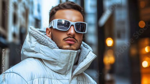 Young Man in Stylish Puffer Jacket and Sunglasses in Urban Setting with Modern Architecture and Soft Lighting