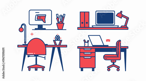 Simple desks with computers, lamps, chairs, and stationary in red and blue vector art