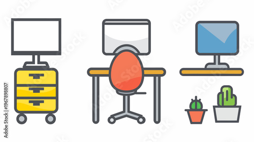 Workspace illustration with a desk, chair, monitor, potted plants, and filing cabinet