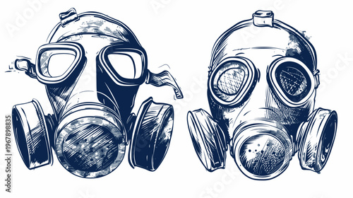Two sketched gas masks on a white background, drawn in a monochrome blue color
