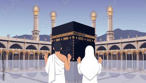 Muslim Pilgrims Praying Facing Kaaba Holy Mosque Scene