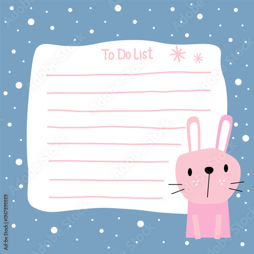 Cozy winter illustration for notes. To Do List. Blue background with falling snowflakes and pink rabbit. Christmas, New Year. Space for text, note, notebook.