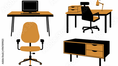 Illustration of office furniture desk, chair, drawers, and storage cabinet in black and tan