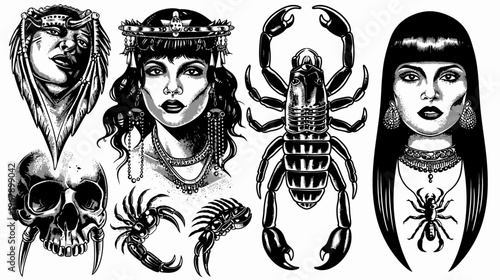 Artful monochromatic collage of faces, skull, and scorpions in stylized linework