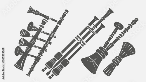 Artistic monochrome of several wind instruments with cylindrical and conical shapes
