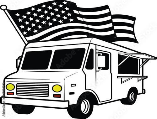 American food truck vector illustration, street food van with USA flag, mobile restaurant delivery concept