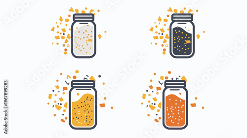 Four mason jars hold different colored liquids and scattered confetti on a white background