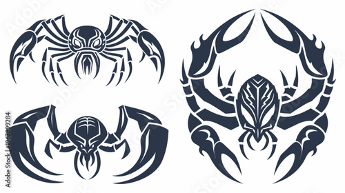 Three stylized crab-like vector designs featuring claws and intricate head patterns