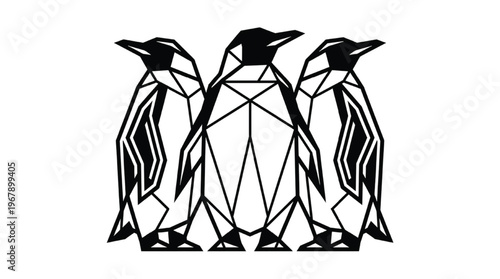 Three Geometric Penguins Standing | Minimalist Modern Polygon Trio for Family and Climate Awareness