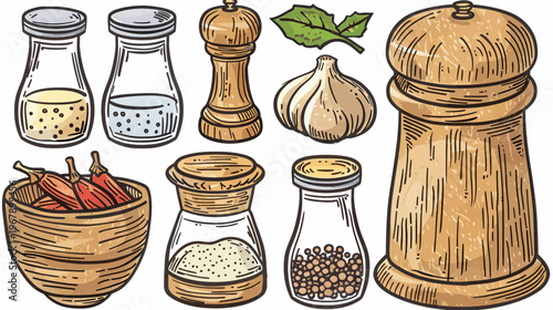Colorful spices and flavor enhancers like garlic, pepper, chilis, in a drawn style