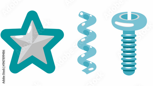 Cartoon image of a star, spiral and screw against a white background