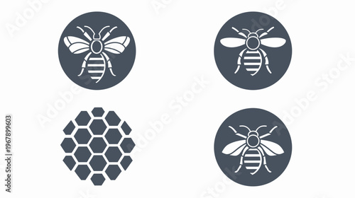 Vector graphic with bee and honeycomb icons in gray circles on a white background