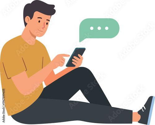 Man sits on floor using smartphone with speech bubble nearby