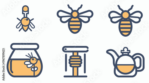 Six icons of honey products bees, jar, press and teapot on a white background