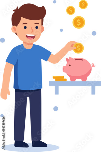 A man is putting coins into a pink piggy bank on a table.