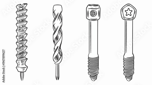 Four various hand drawn designs of screws isolated against a stark white backdrop