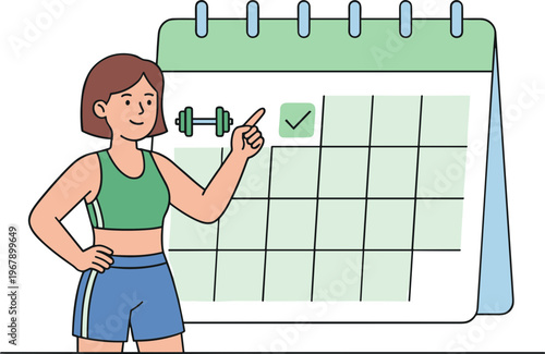 Woman in sportswear pointing at calendar with fitness goal checked
