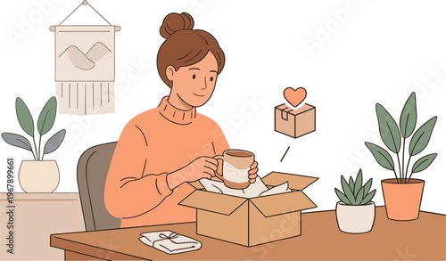 Woman sitting at a desk unboxing and enjoying a surprise gift with plants around.