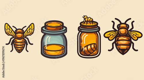 Bees, honey pots and larvae, cartoon vector. Yellow, brown, beige, black and teal artwork