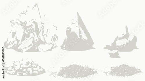 Abstract grayscale image of six textured mounds resembling piles of material