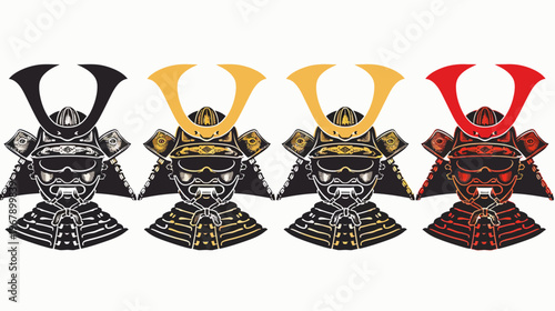 Four stylized samurai warrior helmets in different colors black, gold, and red