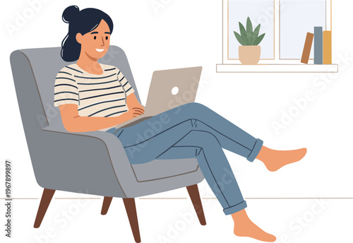 Woman sitting on chair with laptop in indoor living room environment.