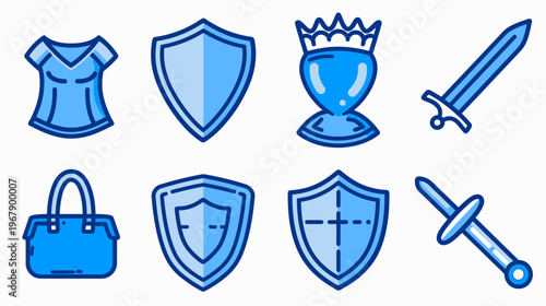 Stylized, blue-tone icons on white a top, purse, shields, swords, & crown-topped chalice