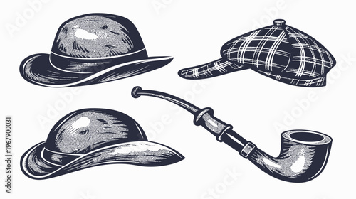 Engraved illustration of two hats and a pipe, rendered in a dark, muted style