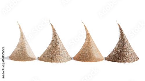 Four textured cone shapes, gradient brown shades, point upwards on plain background