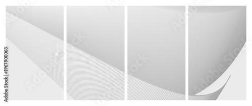 Series of four white and gray abstract vertical panels with delicate wavy patterns and smooth gradients for minimalist web backgrounds, app design, and professional print media.
