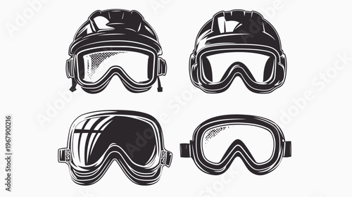 Black and white graphic art featuring ski goggles and helmets in various designs