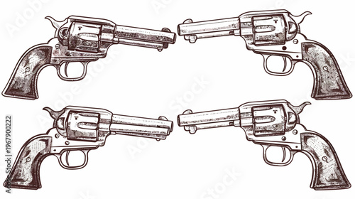 Four detailed, vintage-style revolvers are displayed against a white background