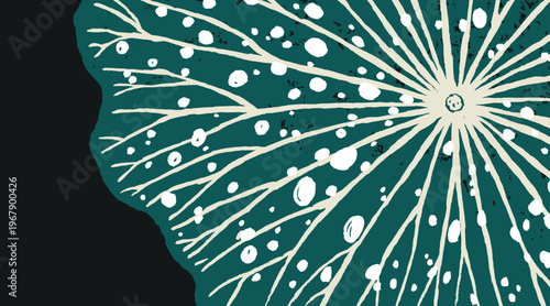 Hand drawn Japanese inspired lotus leaf with water drops. Vintage woodcut style featuring a textured teal and white leaf on a black background. Minimalist artisan botanical landscape.