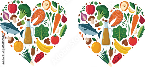 Healthy organic food in heart shape vector illustration, fresh vegetables, fruit, fish, and olive oil