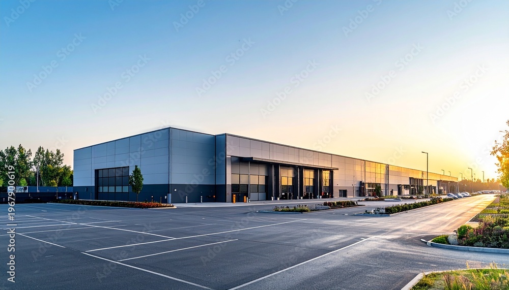 Obraz premium A large industrial building with a parking lot and sunset background at dusk
